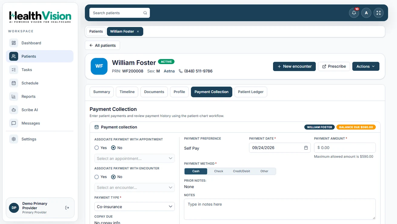 Actual HealthVision patient payment collection interface with billing and ledger details