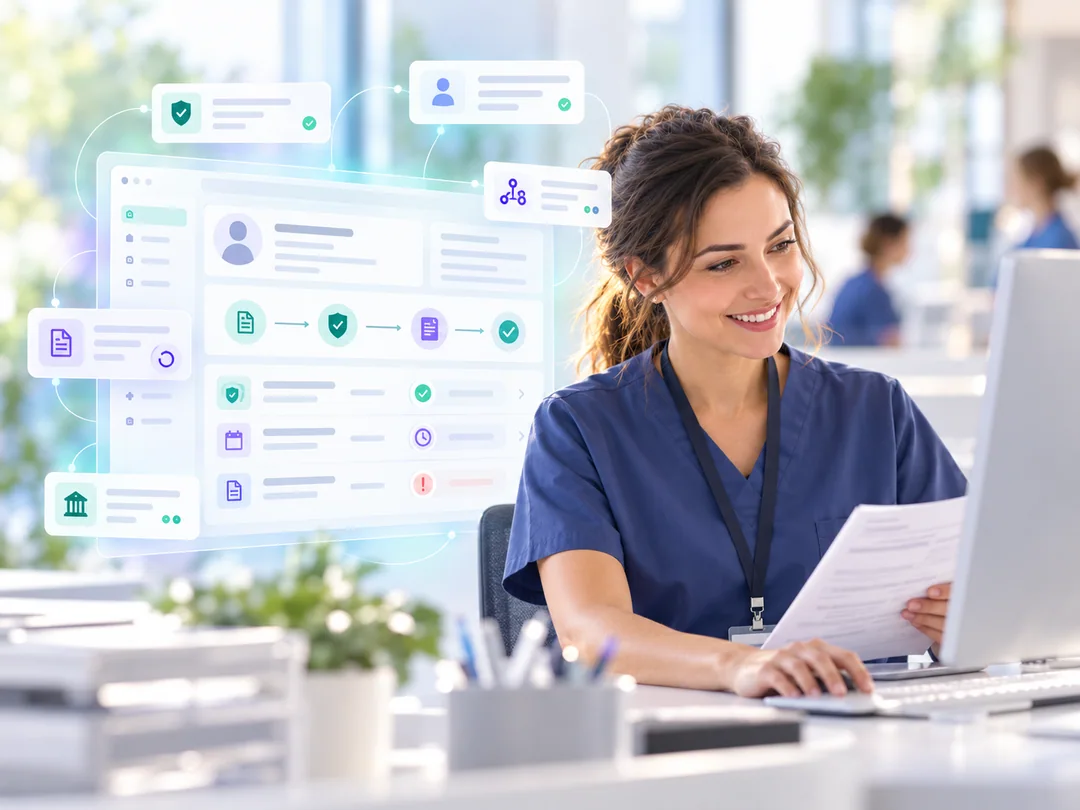 Healthcare staff member coordinating practice operations at a workstation with illustrative digital panels