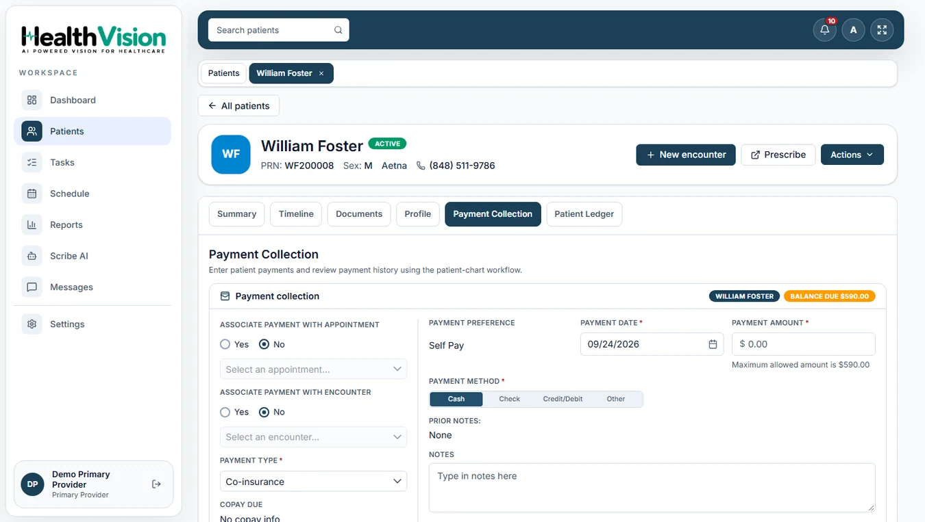 Actual HealthVision payment collection interface showing patient payment fields