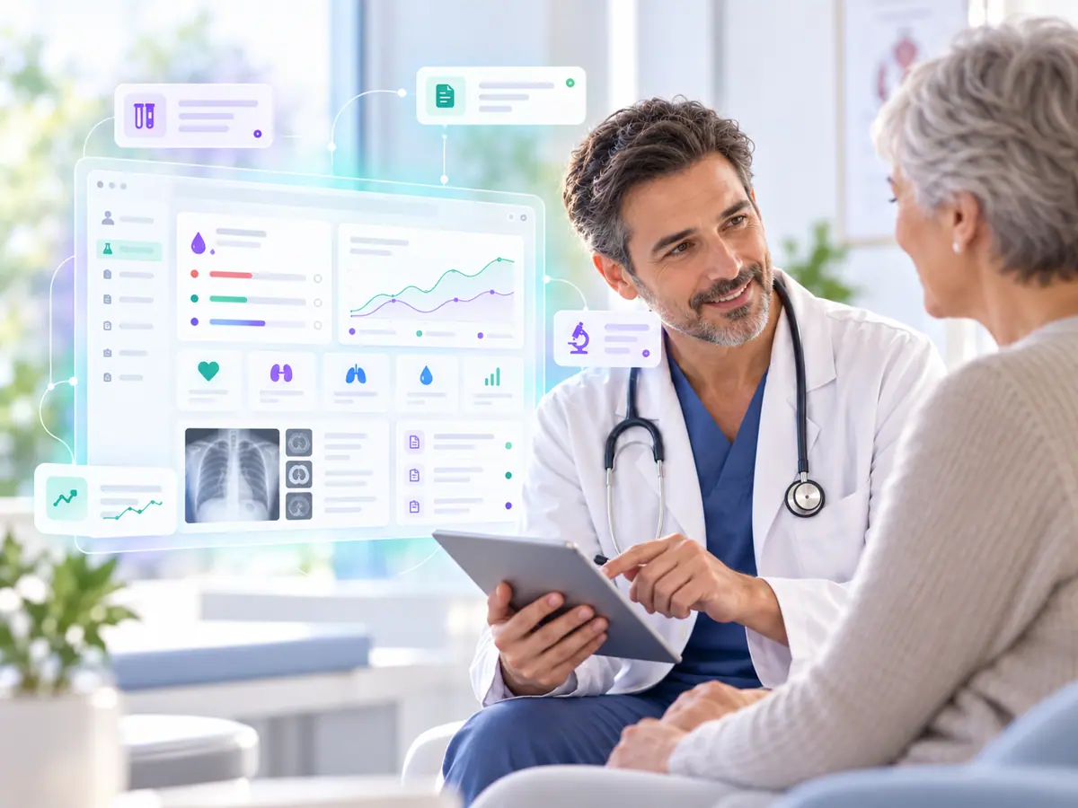 Illustrative clinician working with patient information on a tablet