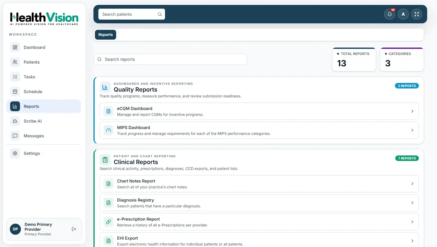 Actual HealthVision clinical and practice reports list