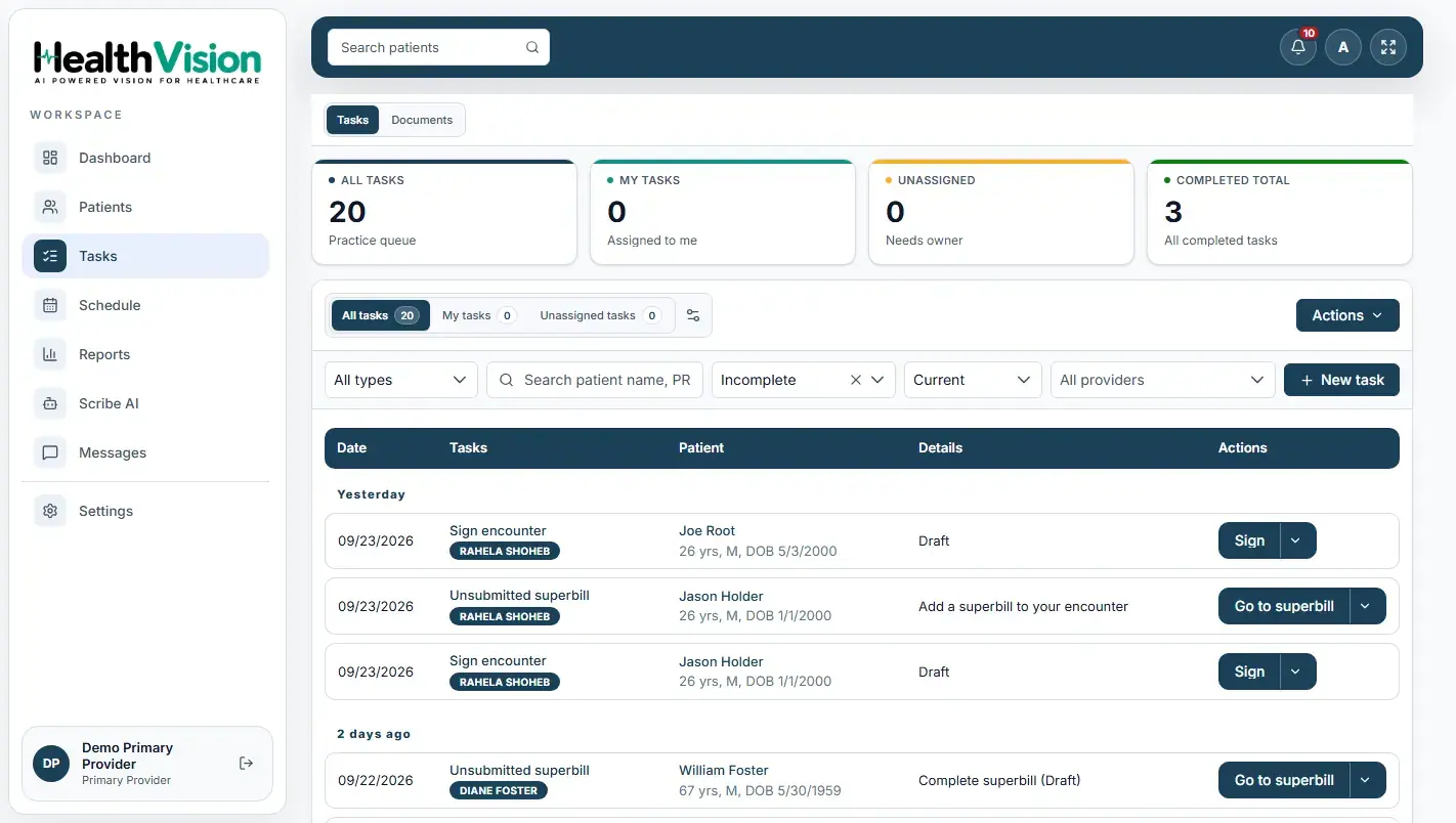 Actual HealthVision staff task management interface