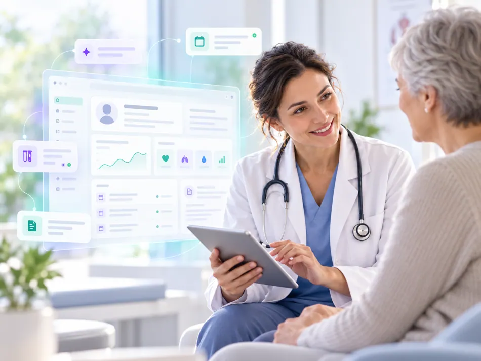 Illustrative physician consulting with a patient alongside a connected clinical workspace