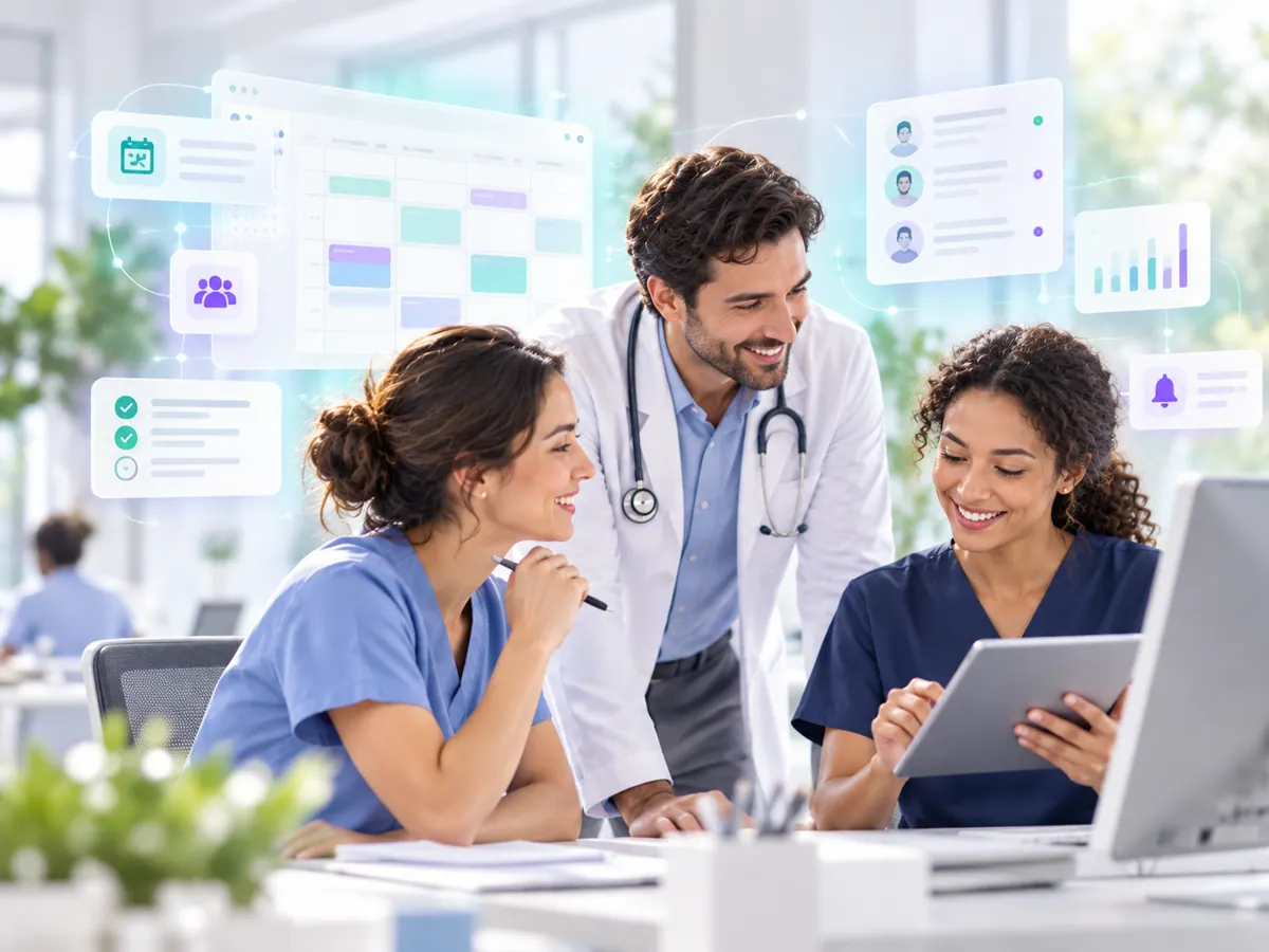 Illustrative healthcare team reviewing a connected clinical workspace