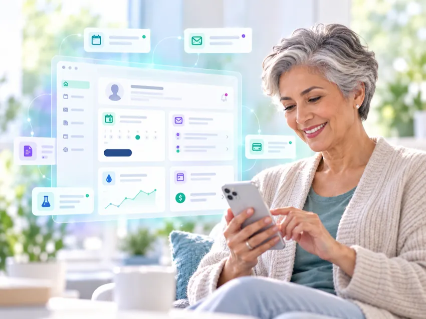 Patient using a smartphone to access a digital healthcare portal