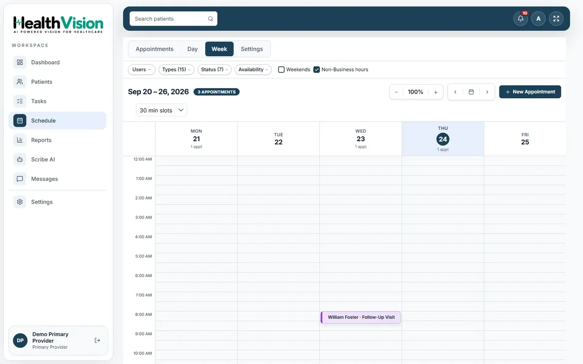 Actual HealthVision provider scheduling calendar interface